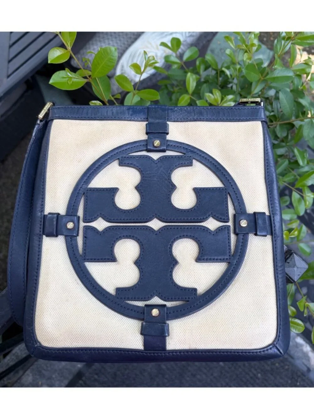 Tory Burch Holly Navy Leather and Canvas Crossbody Shoulder Bag